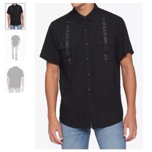Hot Topic Black Buckle Strap Black Woven Button-Up Collared Shirt L